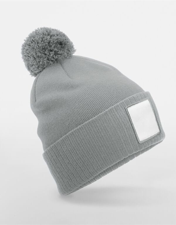 B338R Beechfield Appliqué Patch Pom Beanie Ash/White
