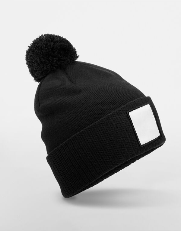 B338R Beechfield Appliqué Patch Pom Beanie Black/White