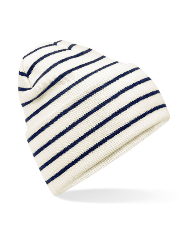 B39R Beechfield Original Deep Cuffed Striped Beanie Soft White/French Navy