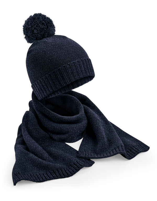 B401 Beechfield Knitted Scarf & Beanie Gift Set Navy Fleck B401 Beechfield Knitted Scarf & Beanie Gift Set Navy Fleck
