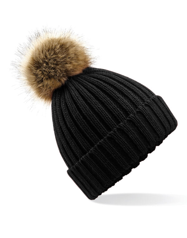 B412 Beechfield Faux Fur Pom Pom Chunky Beanie Black