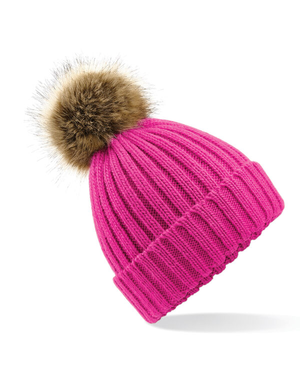 B412 Beechfield Faux Fur Pom Pom Chunky Beanie Fuchsia