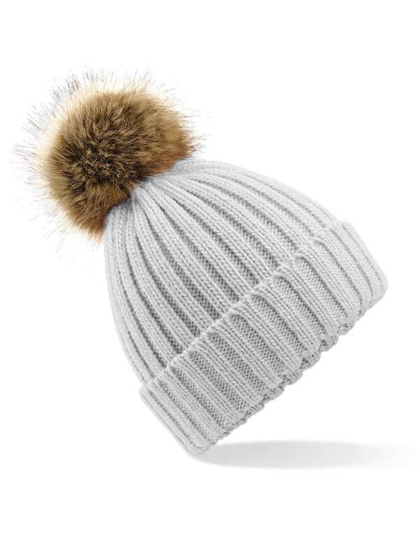B412 Beechfield Faux Fur Pom Pom Chunky Beanie Light Grey