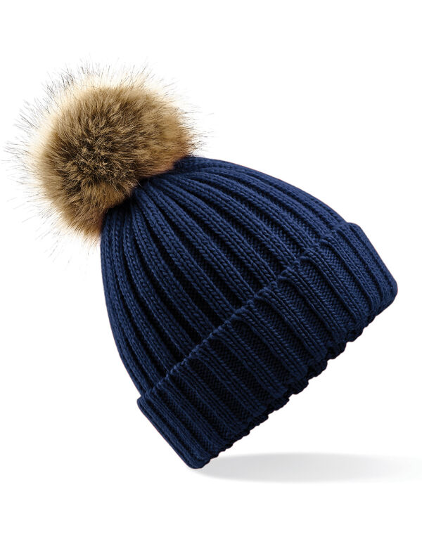 B412 Beechfield Faux Fur Pom Pom Chunky Beanie Navy
