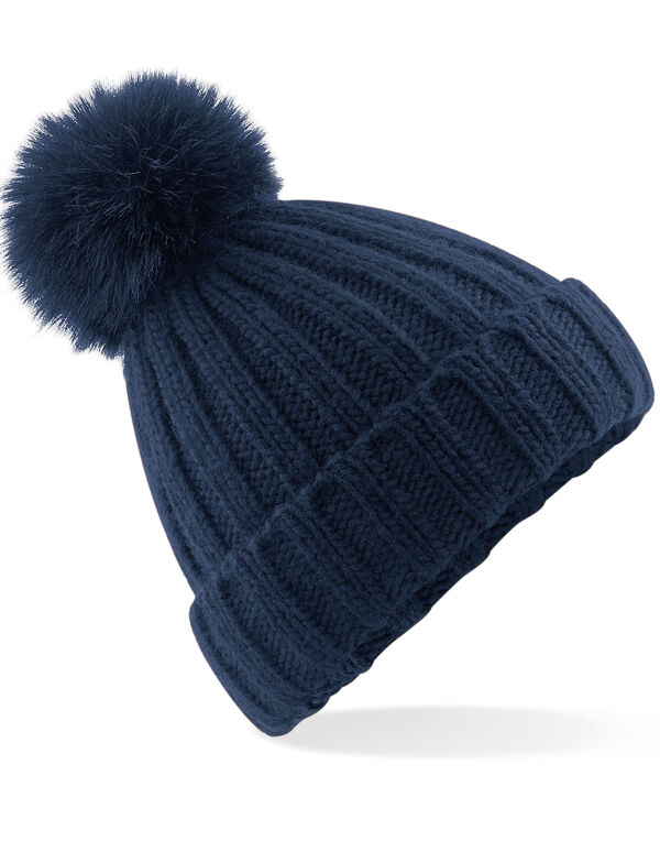 B413 Beechfield Verbier Faux Fur Pop Pom Chunky Beanie Navy