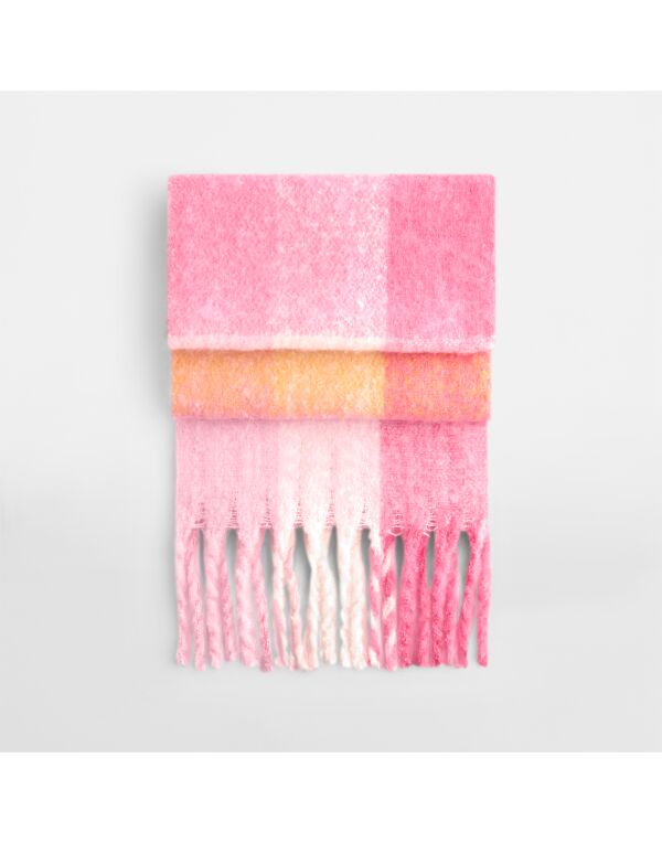 B494R Pink Check Fluffy Check Scarf