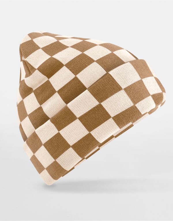 B531 Beechfield Checkerboard Beanie Biscuit/Almond