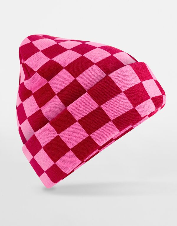 B531 Beechfield Checkerboard Beanie Classic Red/True Pink