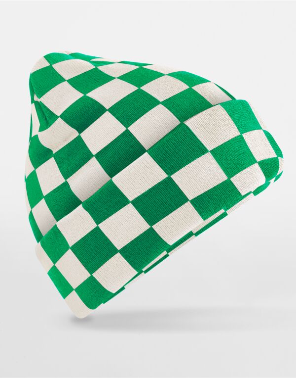 B531 Beechfield Checkerboard Beanie Kelly Green/Off White