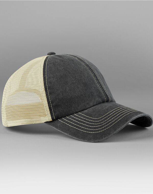 B672 Beechfield 6 Panel Vintage Trucker Vintage Black/Stone