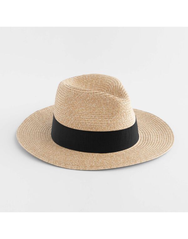 B725 Beechfield Straw Fedora Natural/Black