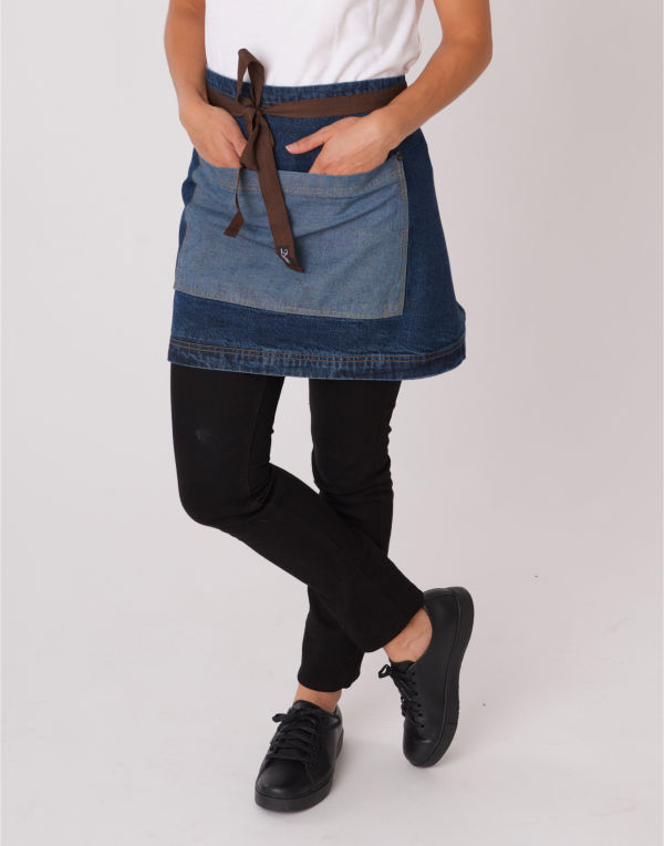 DP103B1 Dennys Washed Denim Contrast Waist Apron Washed Blue Denim