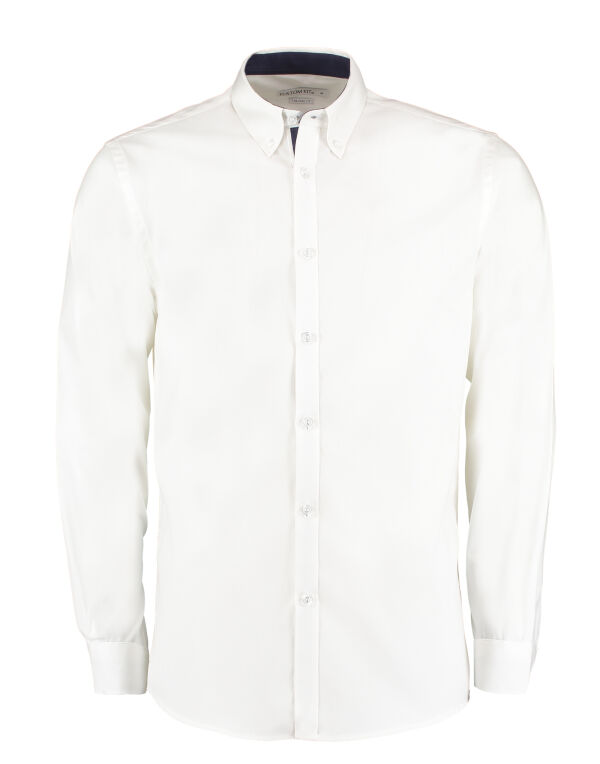KK190 Kustom Kit Tailored Fit L/S Premium Contrast Oxford White/Navy