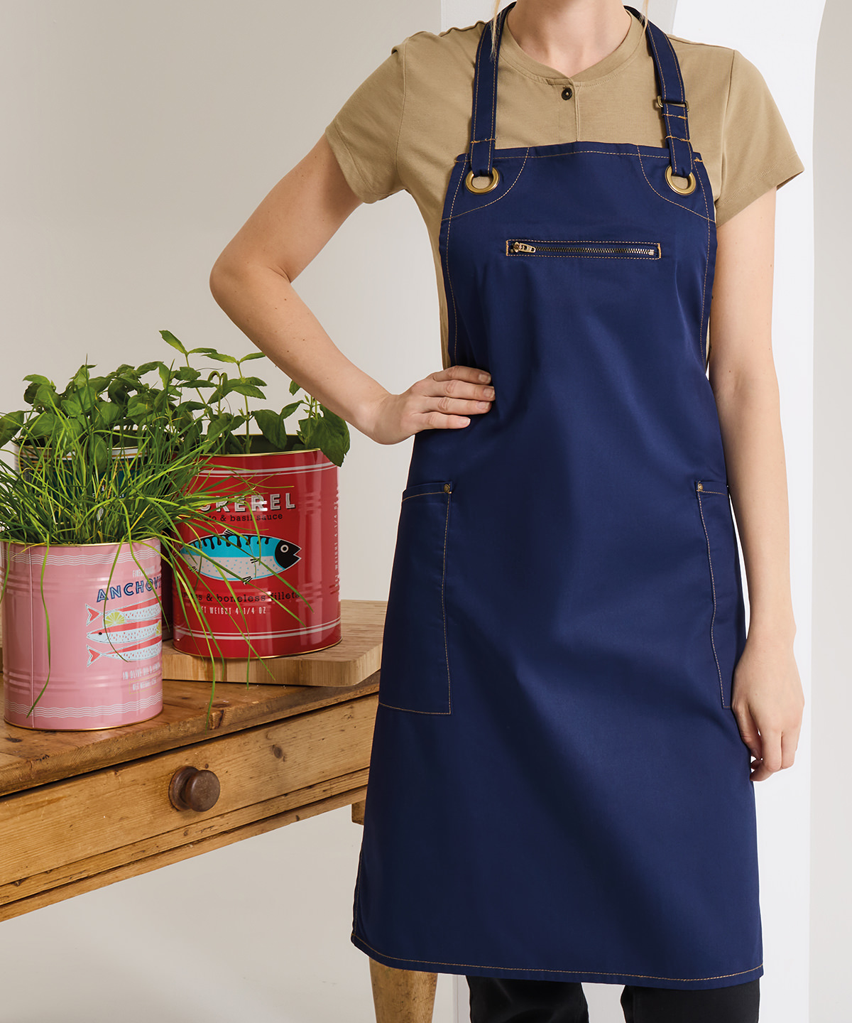 PR121 ‘Barley’ Contrast Stitch Bib Apron Blue
