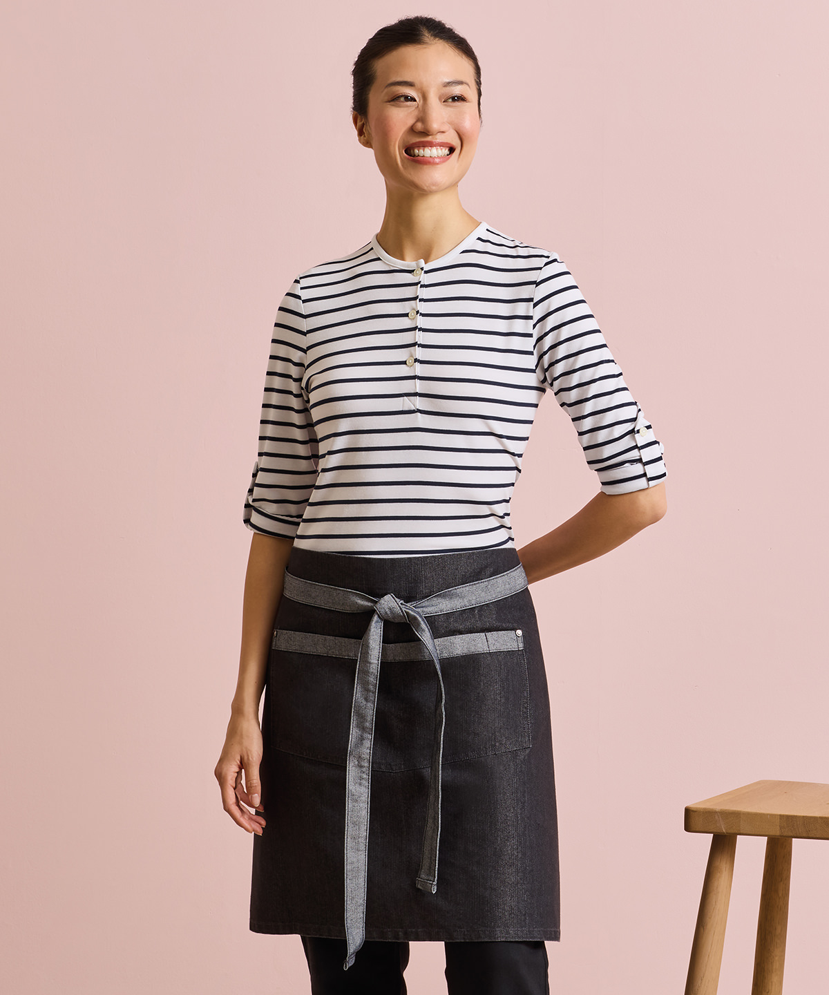 PR128 Domain contrast denim waist apron Blue