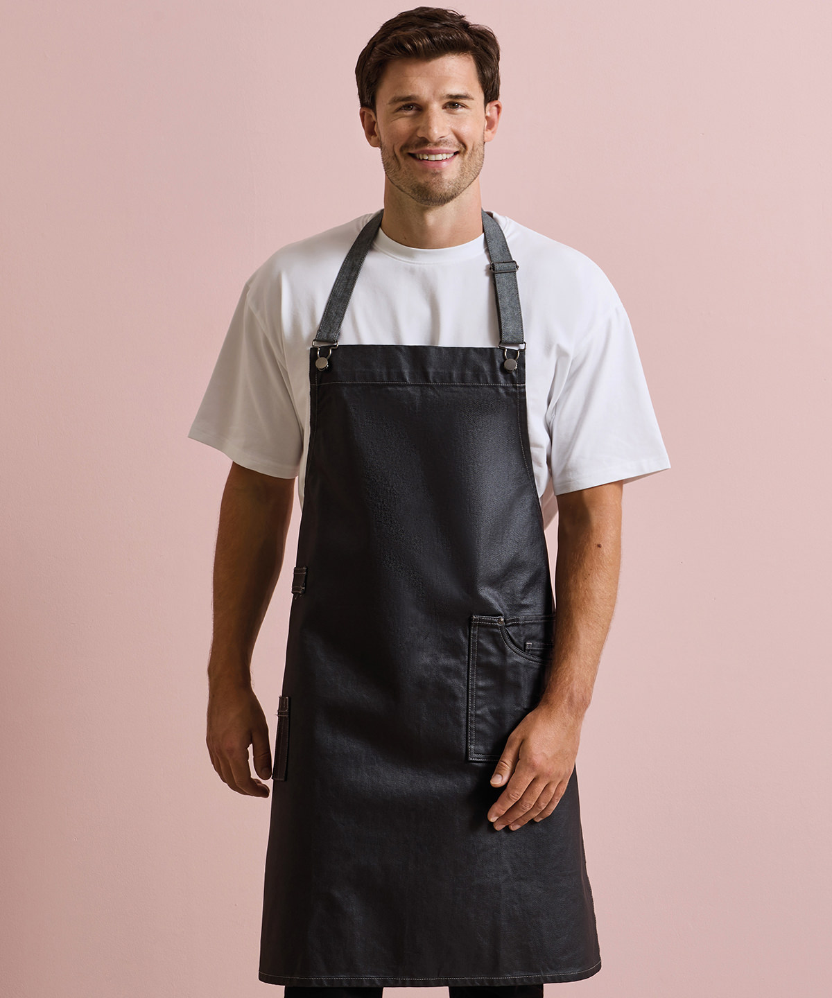 PR134 District waxed-look denim bib apron Black