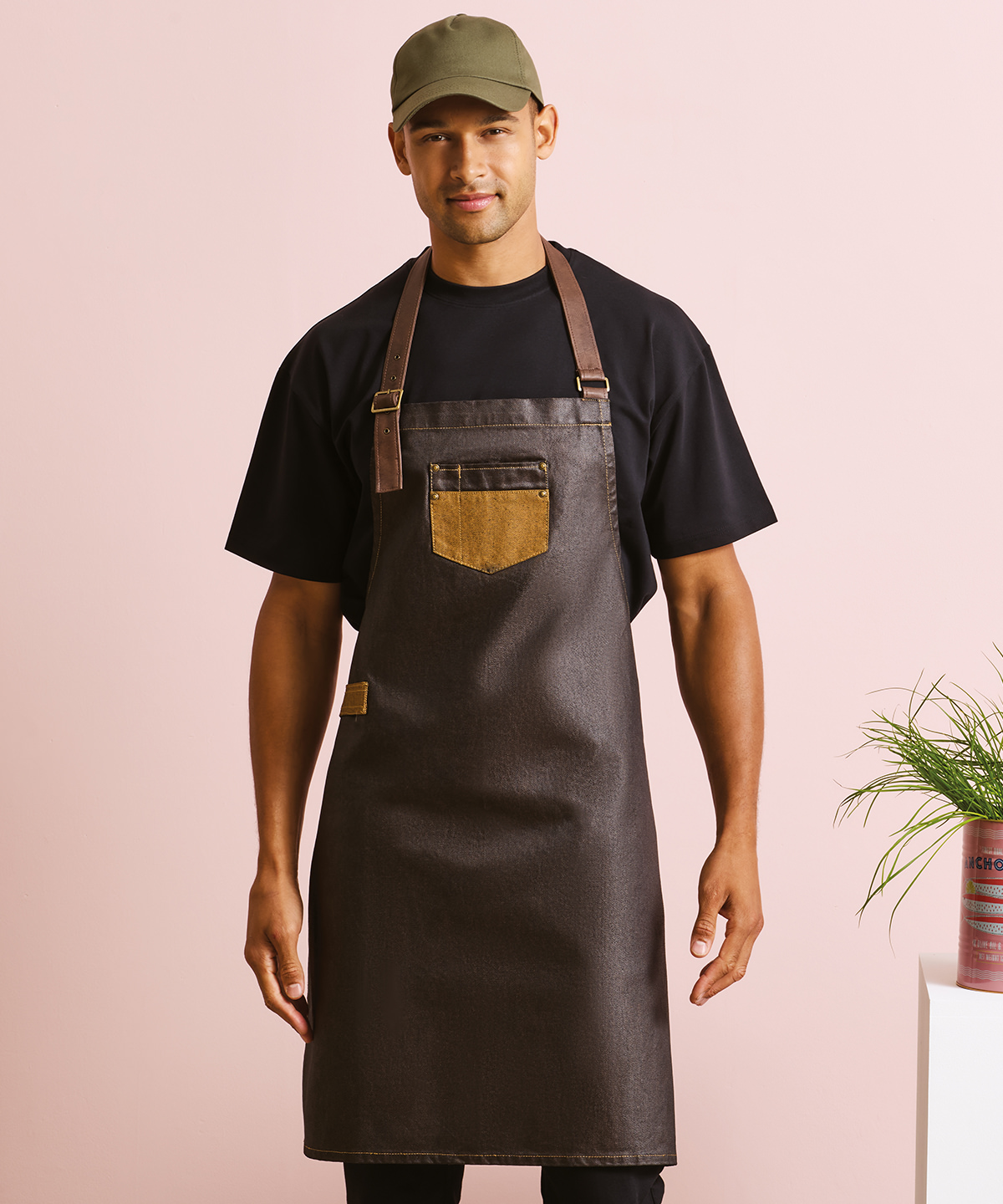 PR136 Division waxed-look denim bib apron with faux leather Black