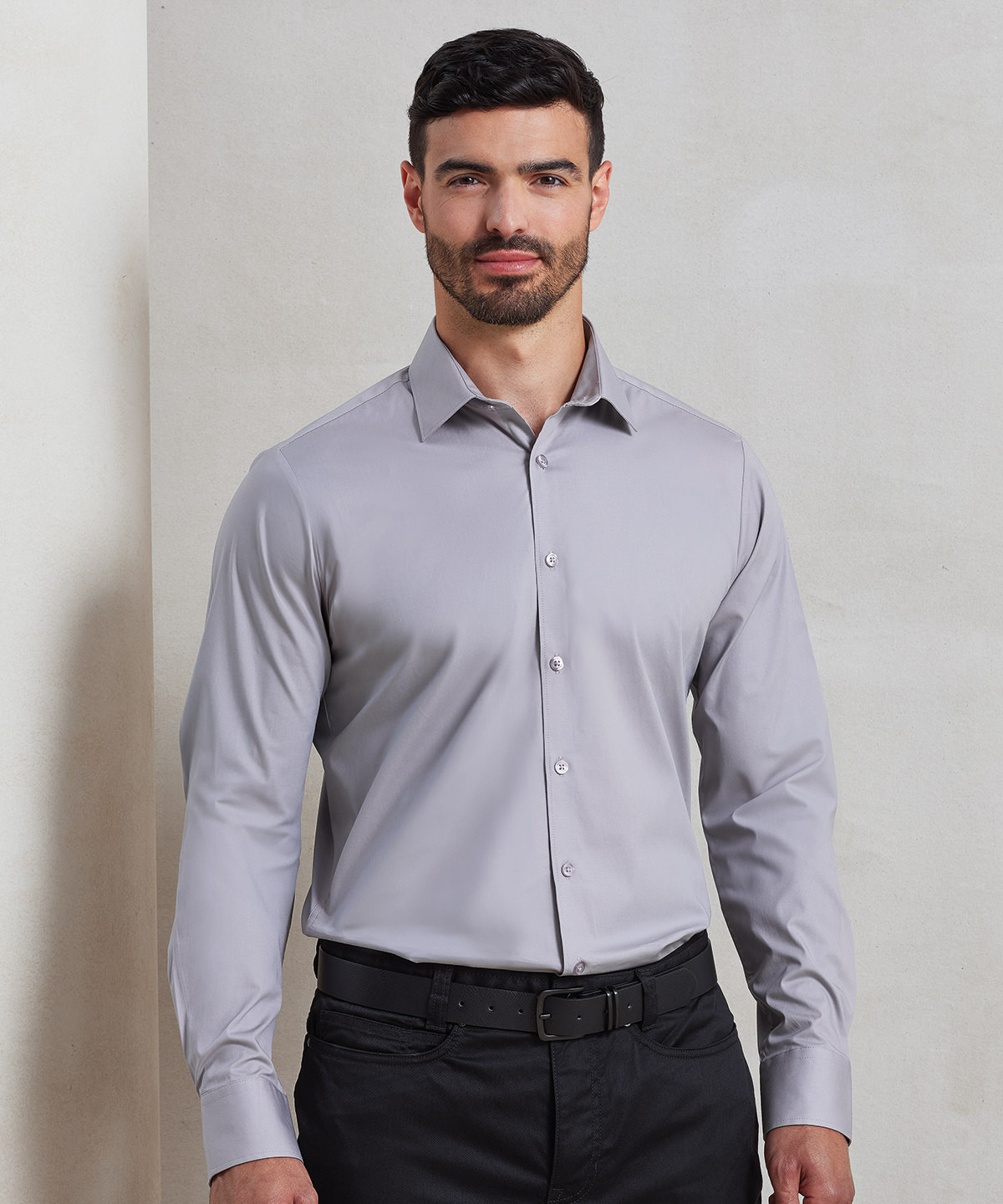 PR244 Stretch fit cotton poplin long sleeve shirt Grey