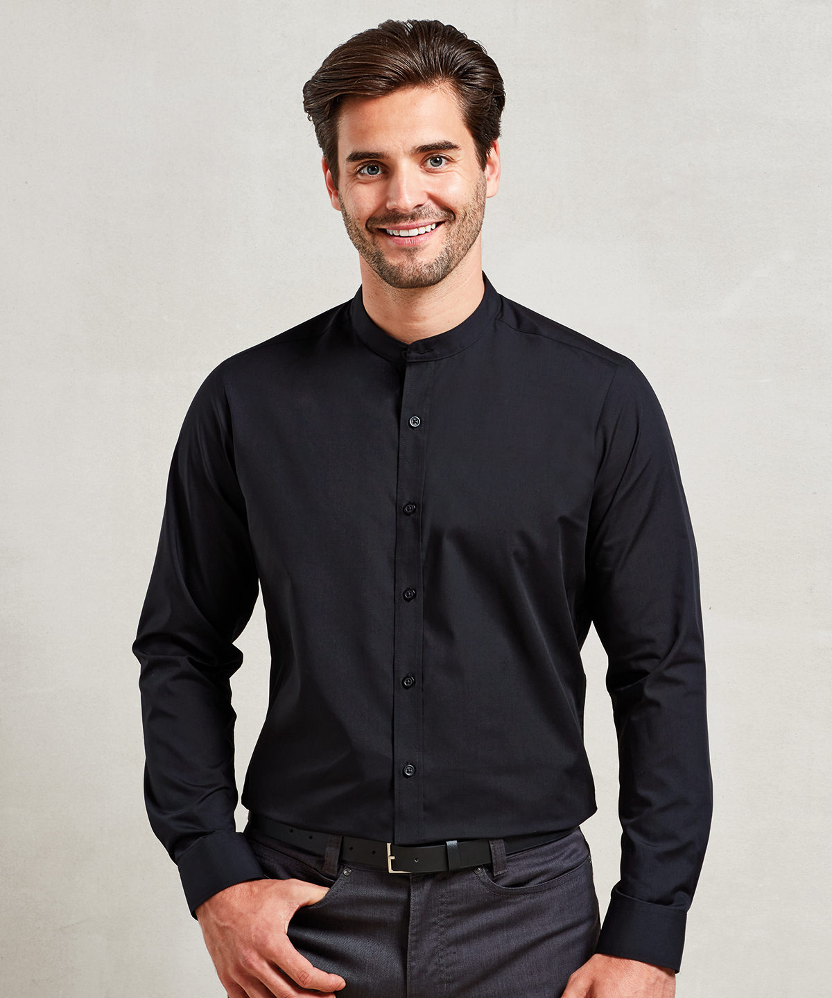 PR258 Banded collar grandad long sleeve shirt Black