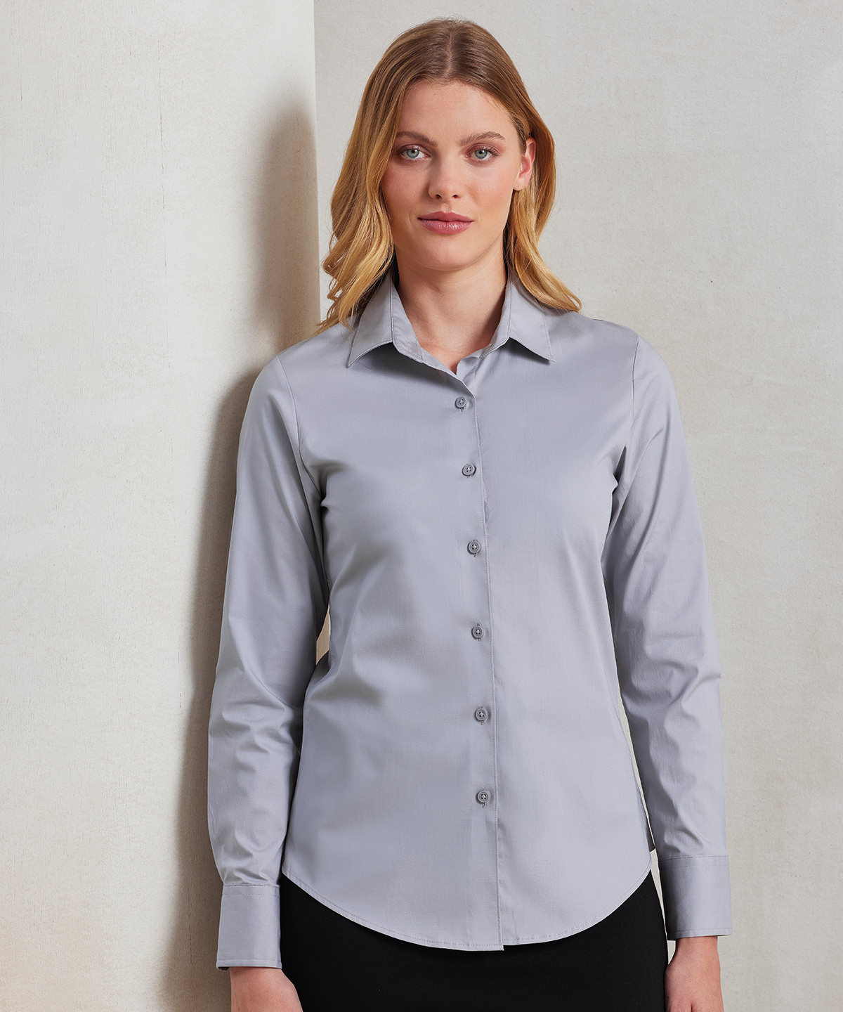 PR344 Women’s stretch fit cotton poplin long sleeve blouse White