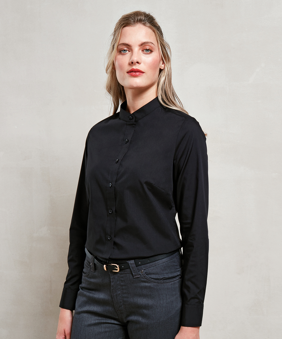PR358 Women’s banded collar ‘grandad’ shirt Black