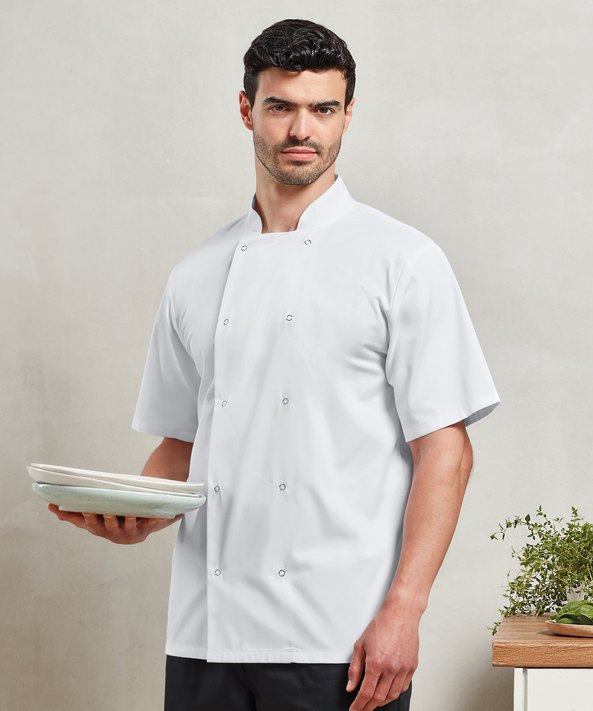 PR664 Studded front short sleeve chef’s jacket Black
