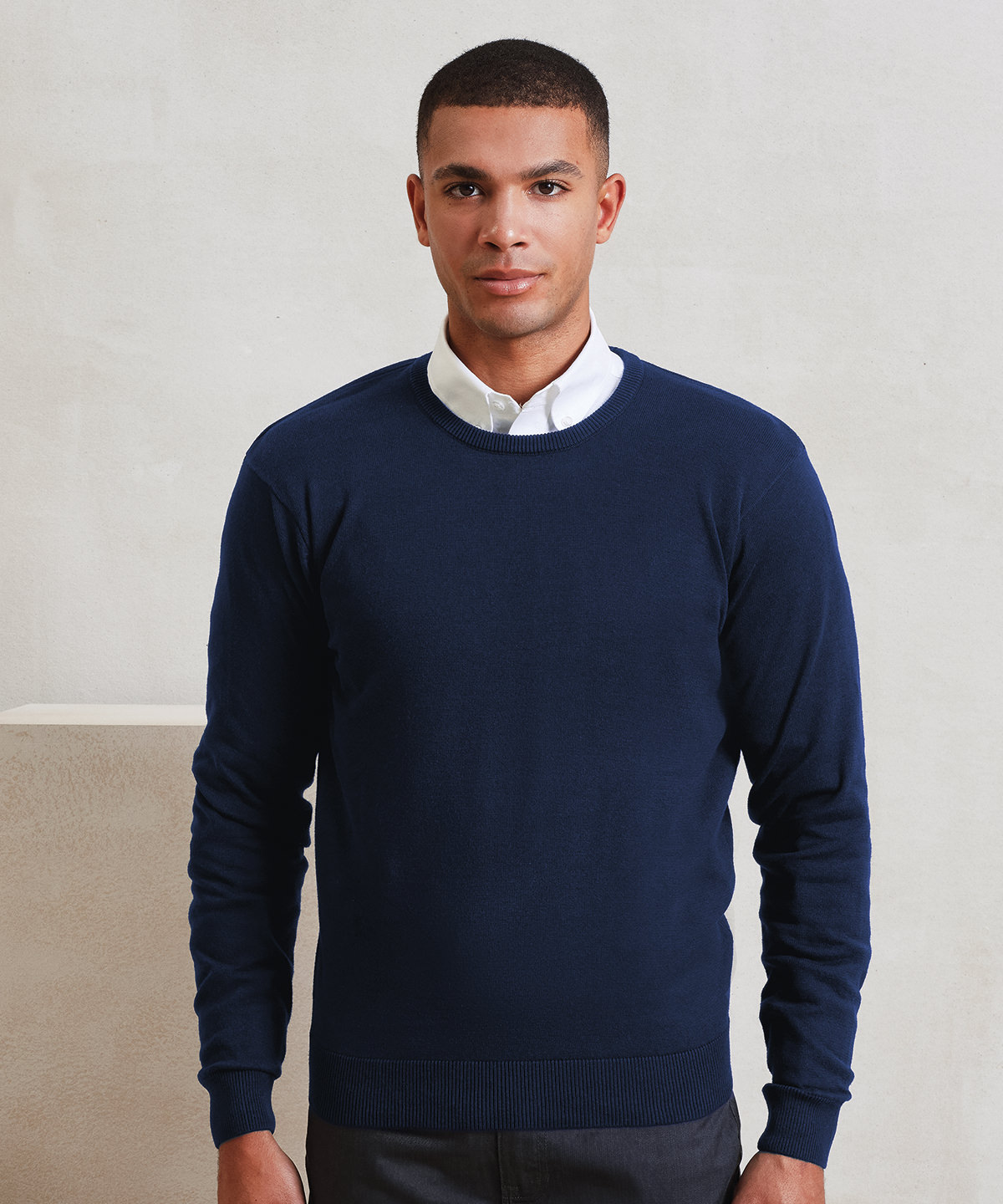 PR692 Crew neck cotton-rich knitted sweater Blue