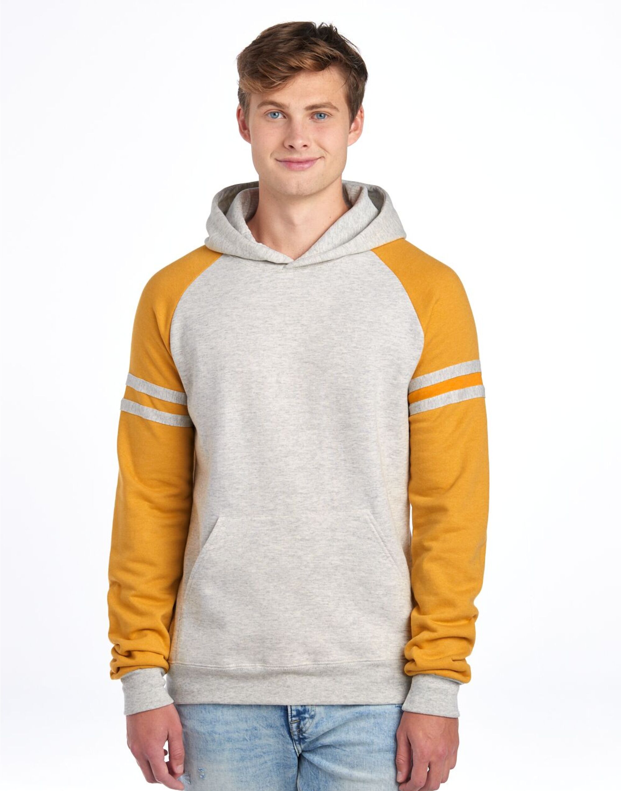 0S97CR0 NuBlend® Varsity Colour-Block Hood Oatmeal Heather/Mustard Heather