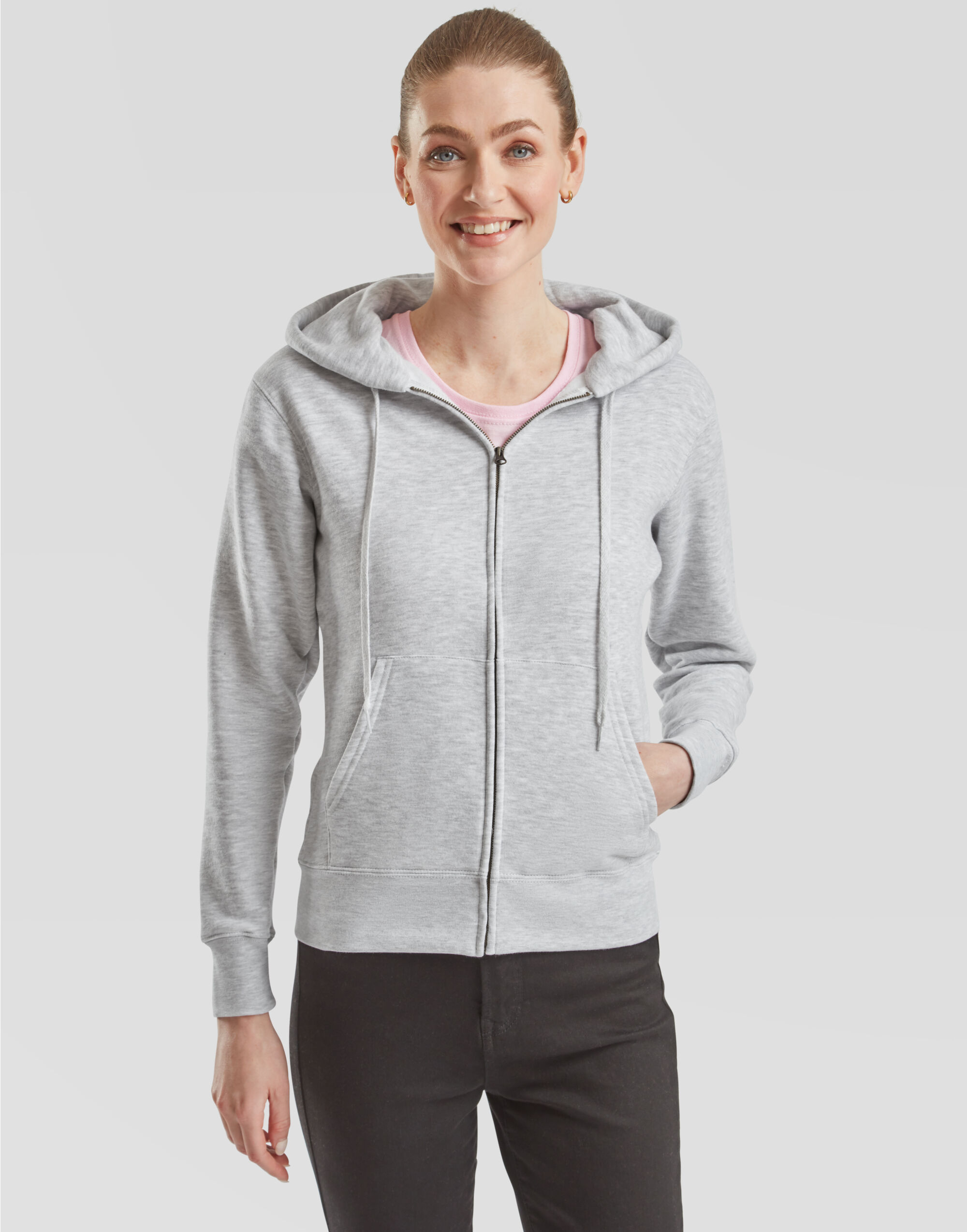 62118 Ladies’ Premium Hooded Sweat Jacket Heather Grey