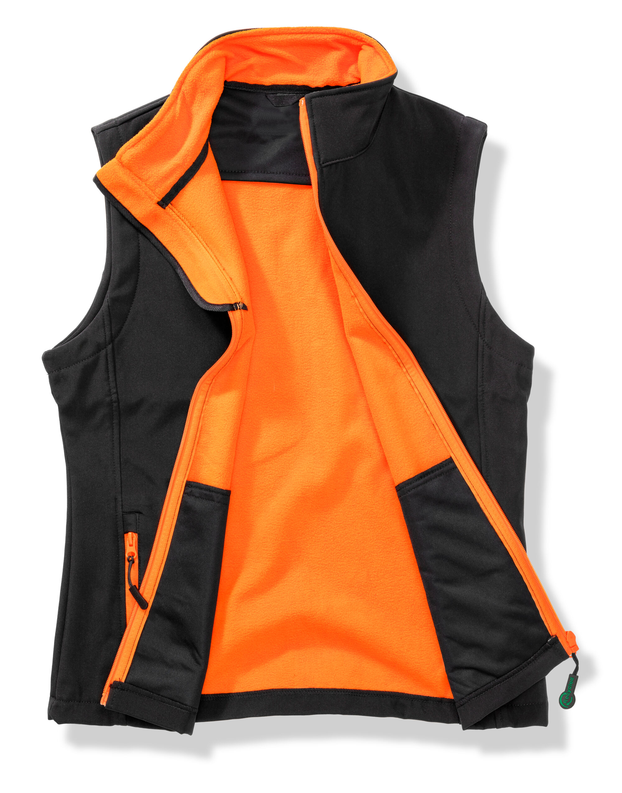 R232F Ladies’ Printable Softshell Bodywarmer with Recycled Fleece Inner Black/Orange