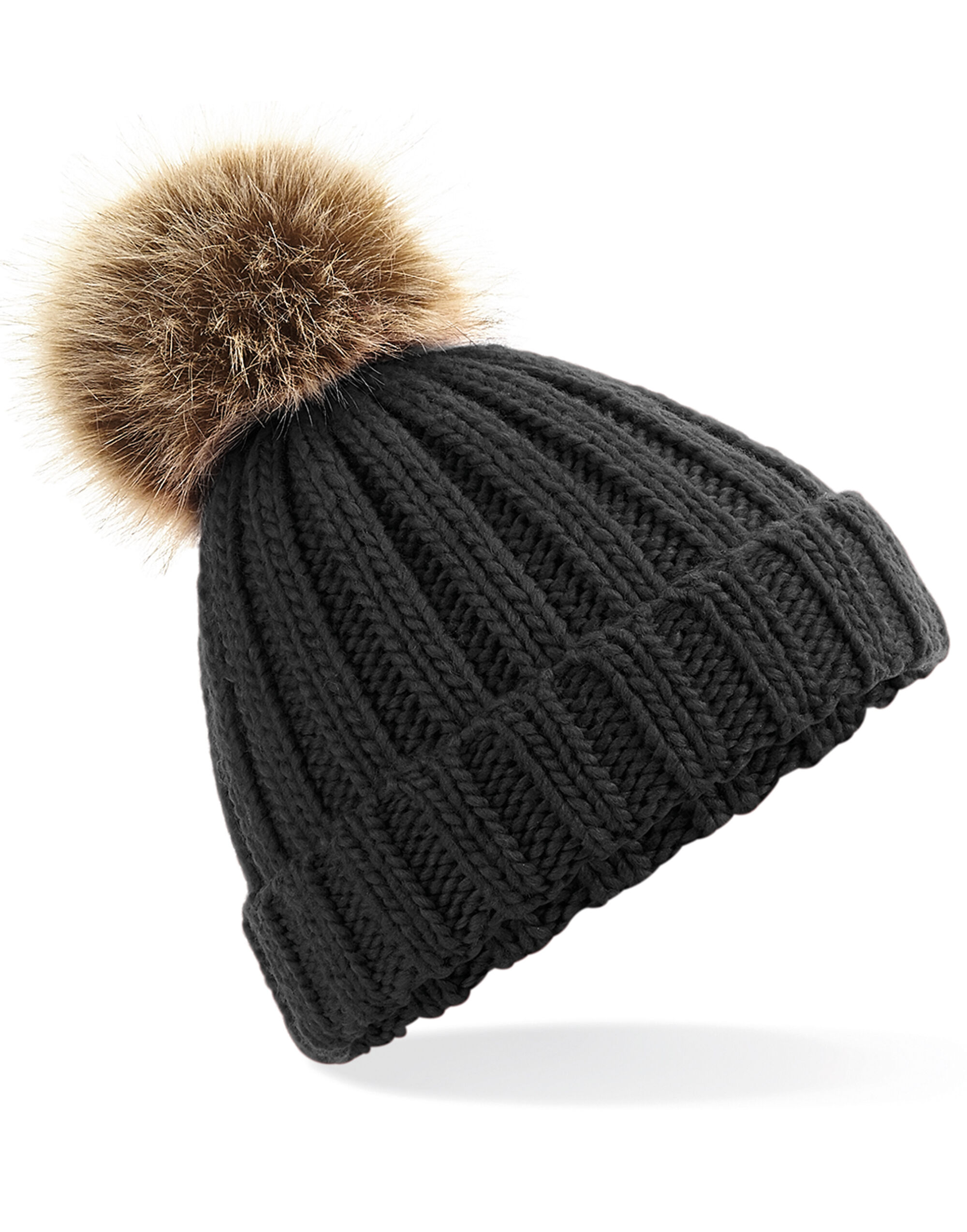 Black Junior Faux Fur Pom Pom Chunky Beanie