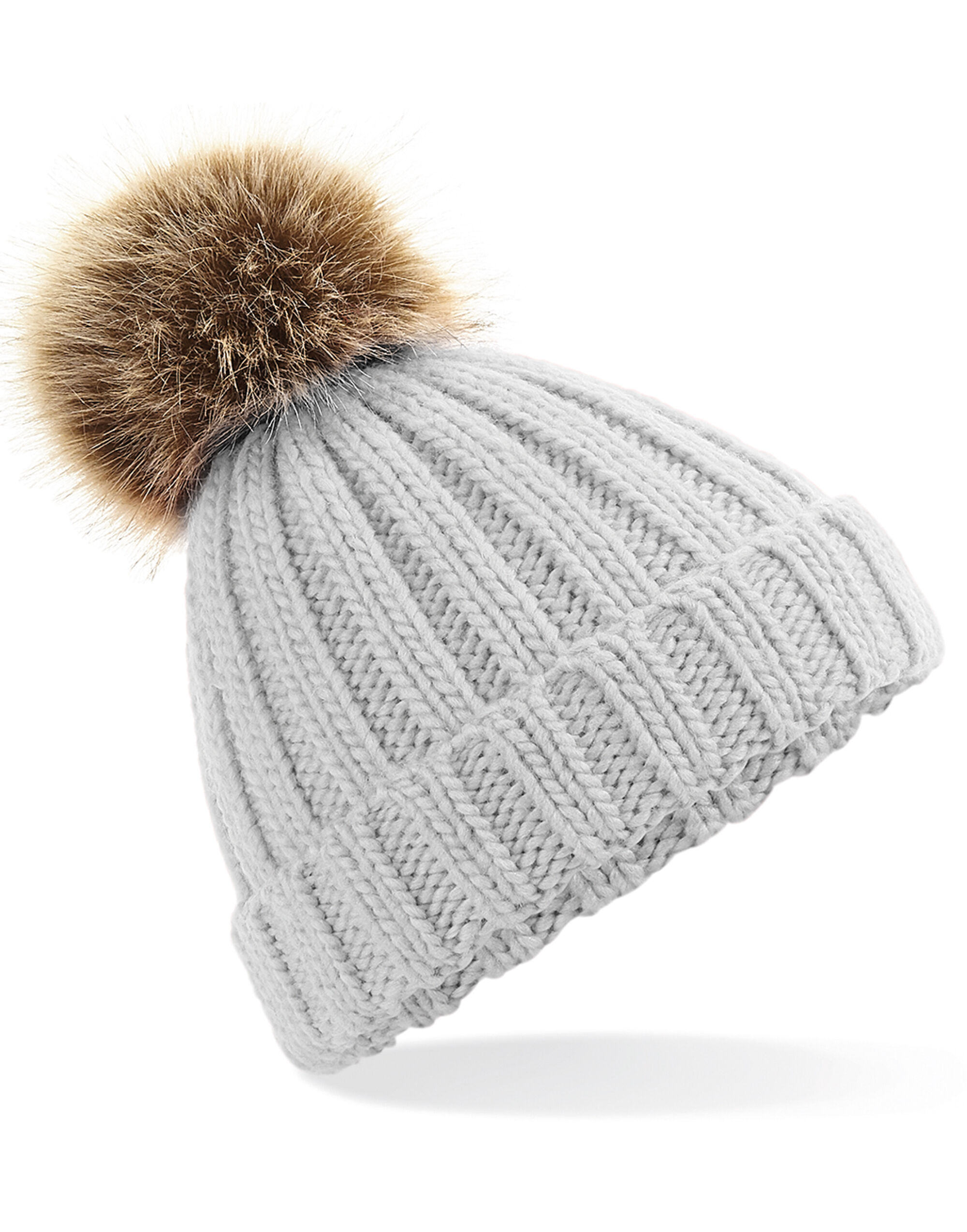 Light Grey Junior Faux Fur Pom Pom Chunky Beanie