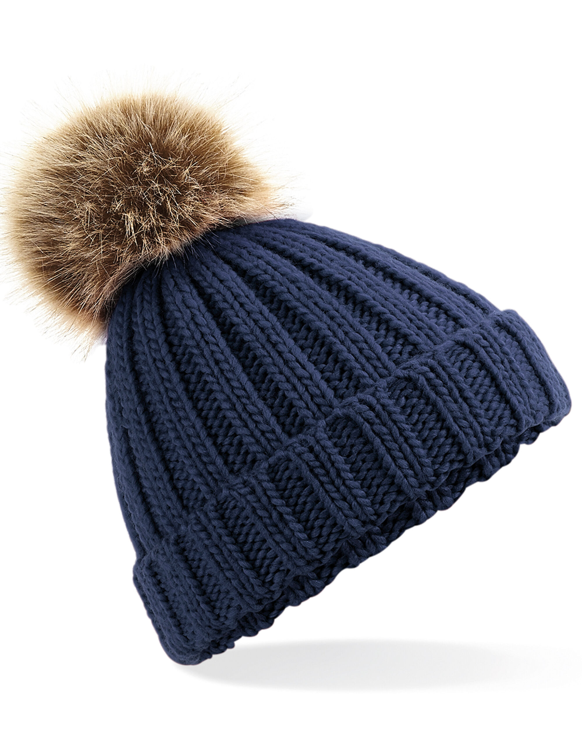Navy Junior Faux Fur Pom Pom Chunky Beanie
