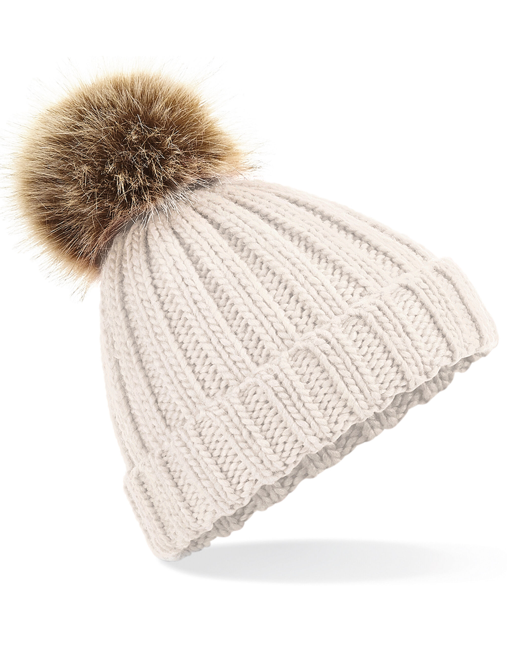 Oatmeal Junior Faux Fur Pom Pom Chunky Beanie