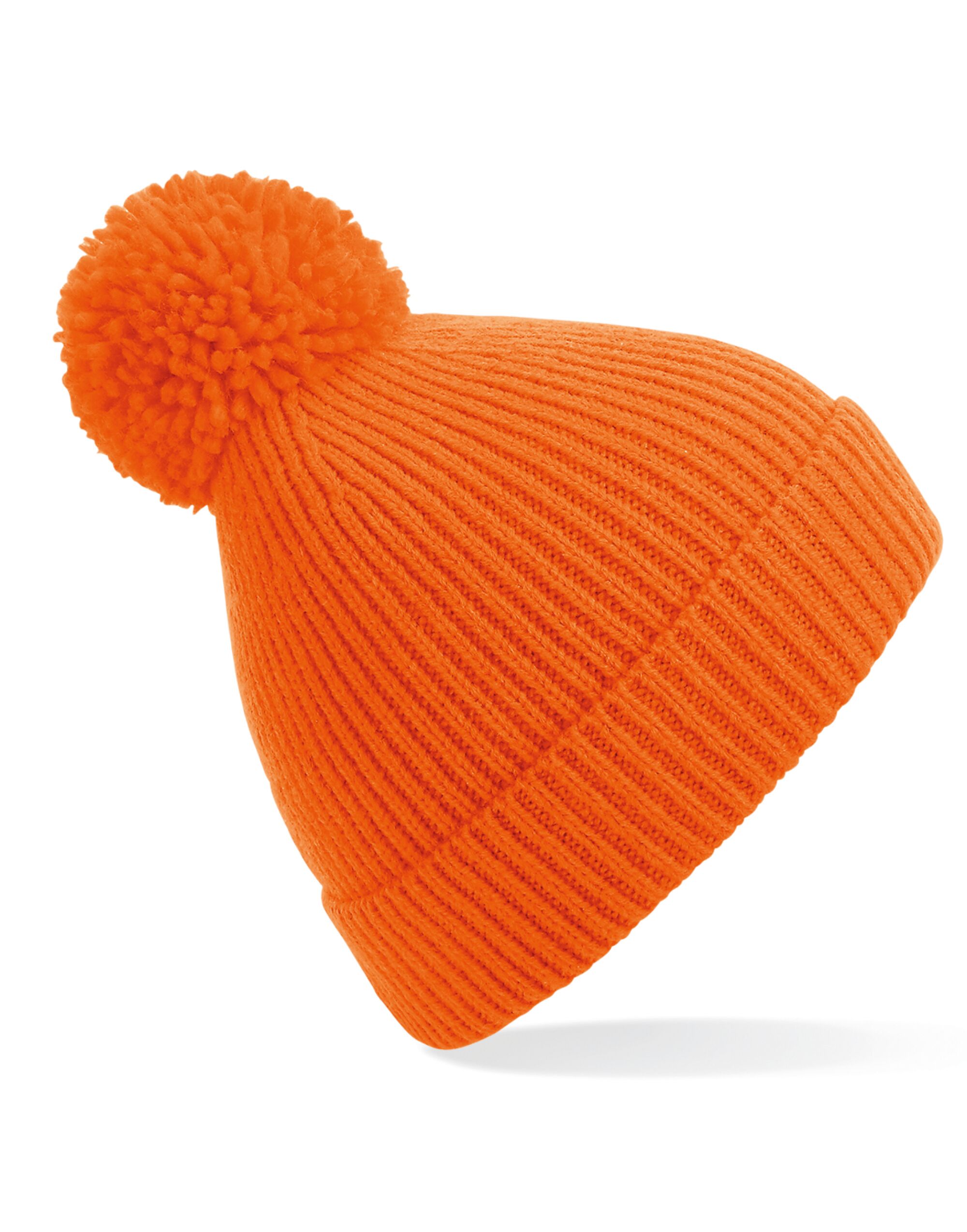 Orange Engineered Knit Ribbed Pom Pom Beanie