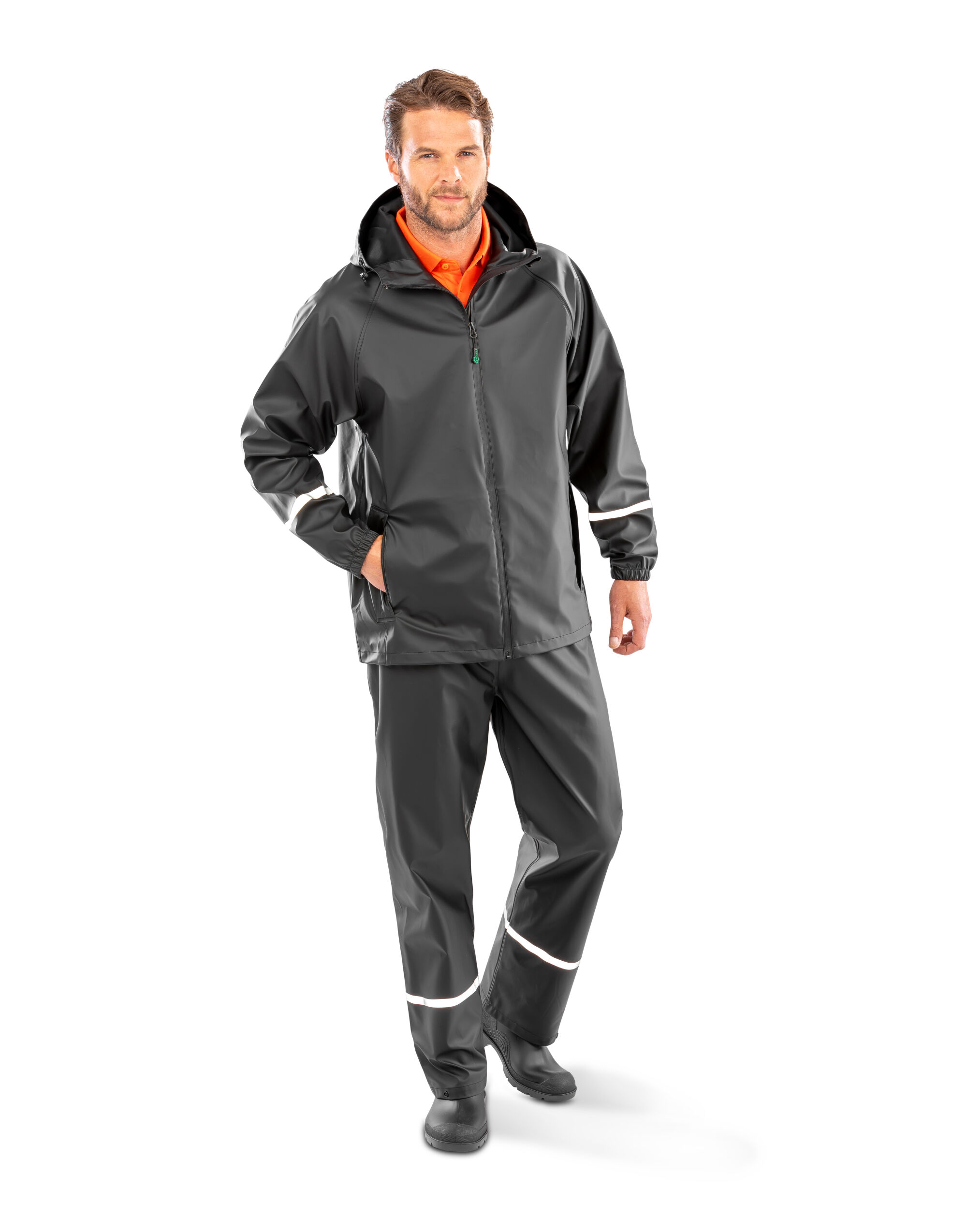 R915X Prism PU Waterproof Jacket With Reflective Bands and Recycled Backing Black