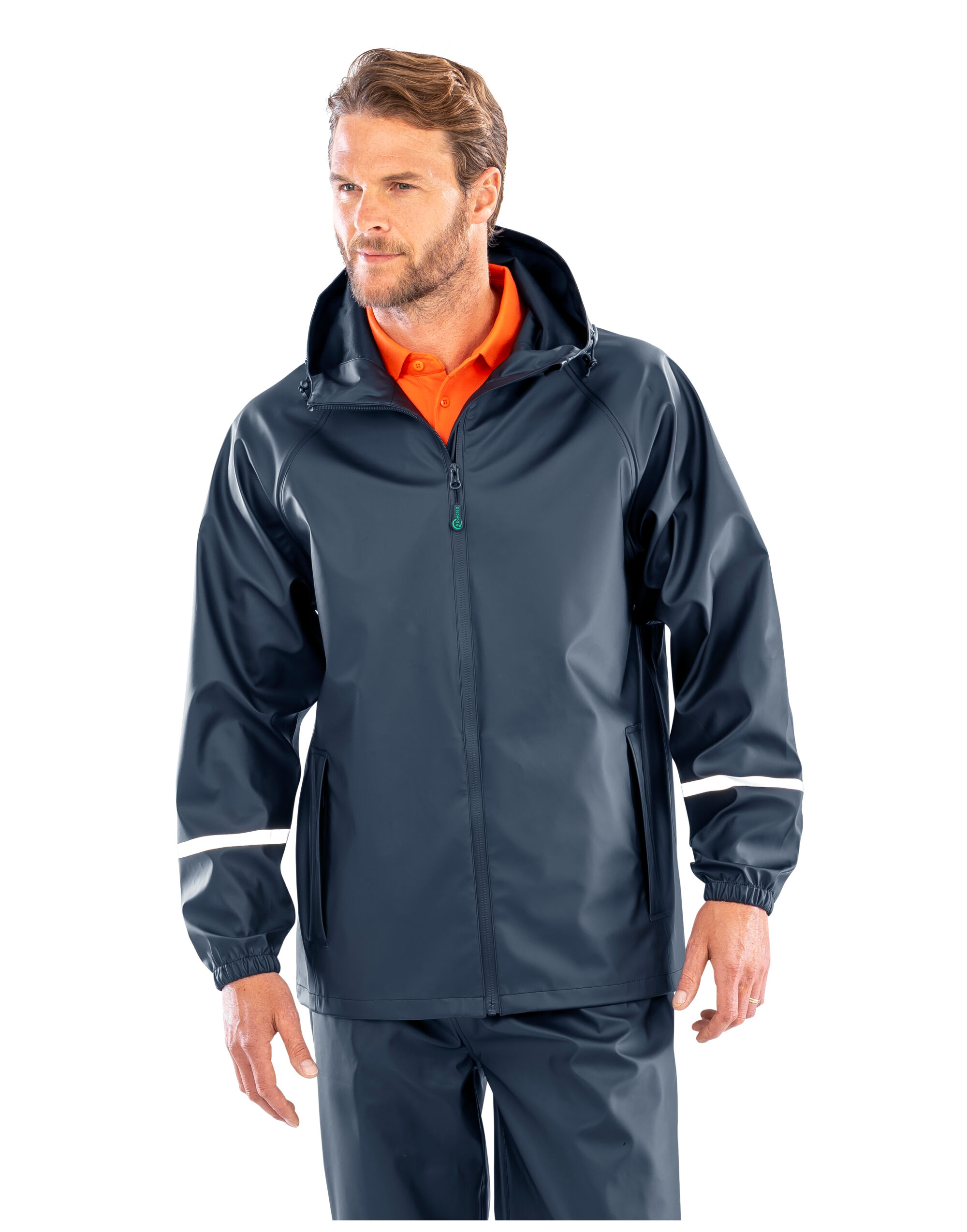 R915X Prism PU Waterproof Jacket With Reflective Bands and Recycled Backing Navy
