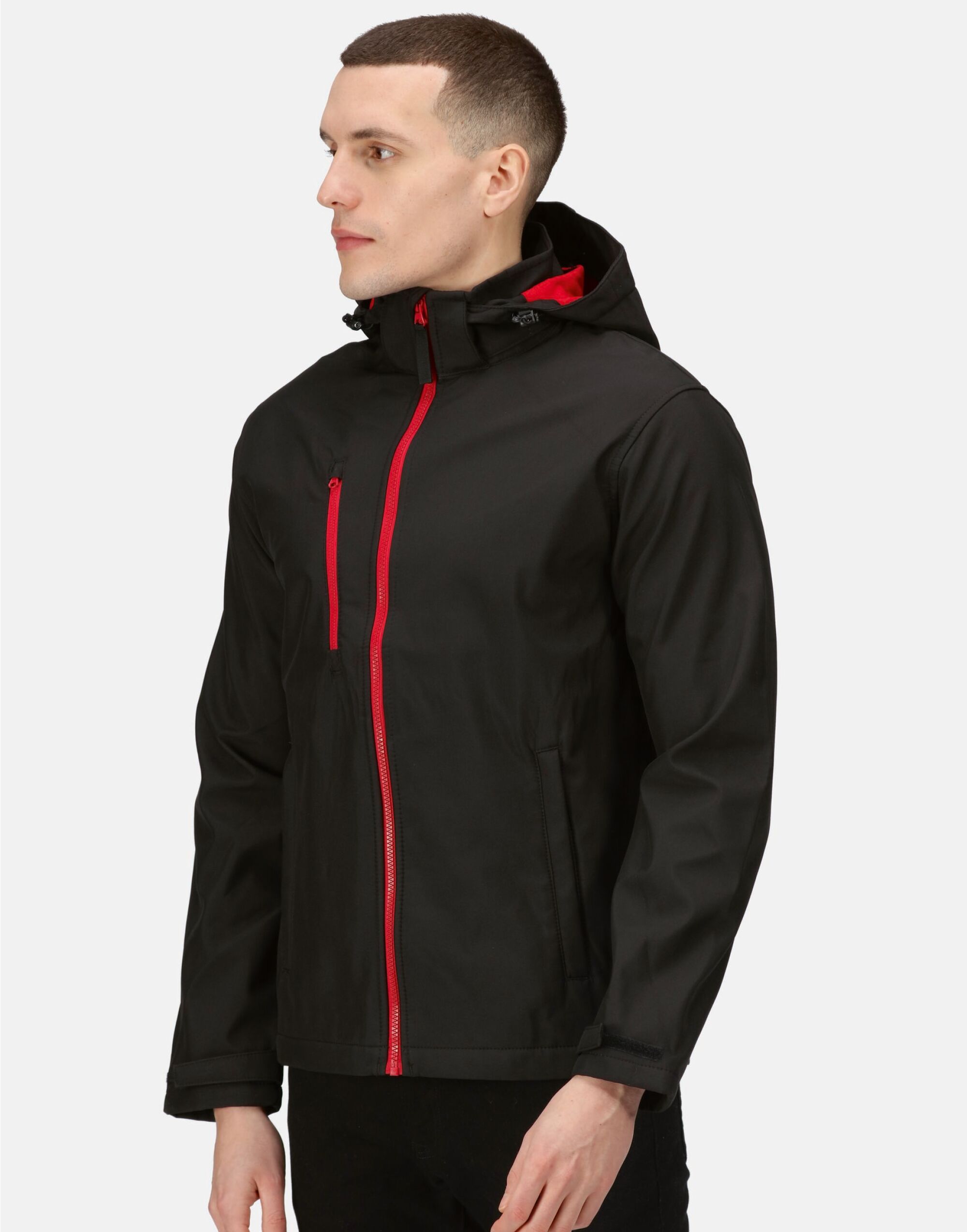 TRA701 Black/Red Venturer 3 Layer Hooded Softshell