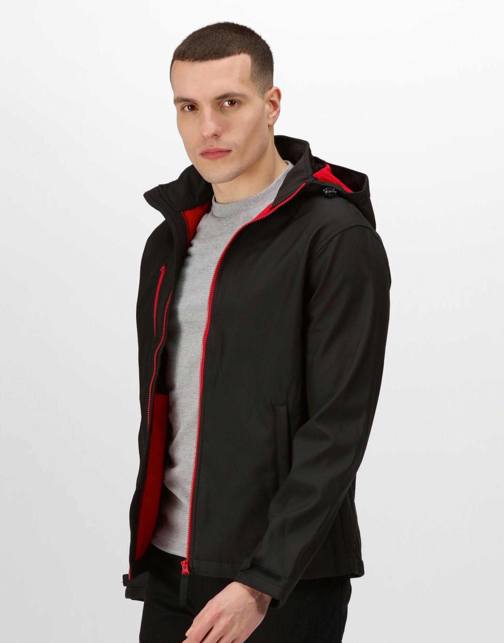 TRA701 Black/Red Venturer 3 Layer Hooded Softshell