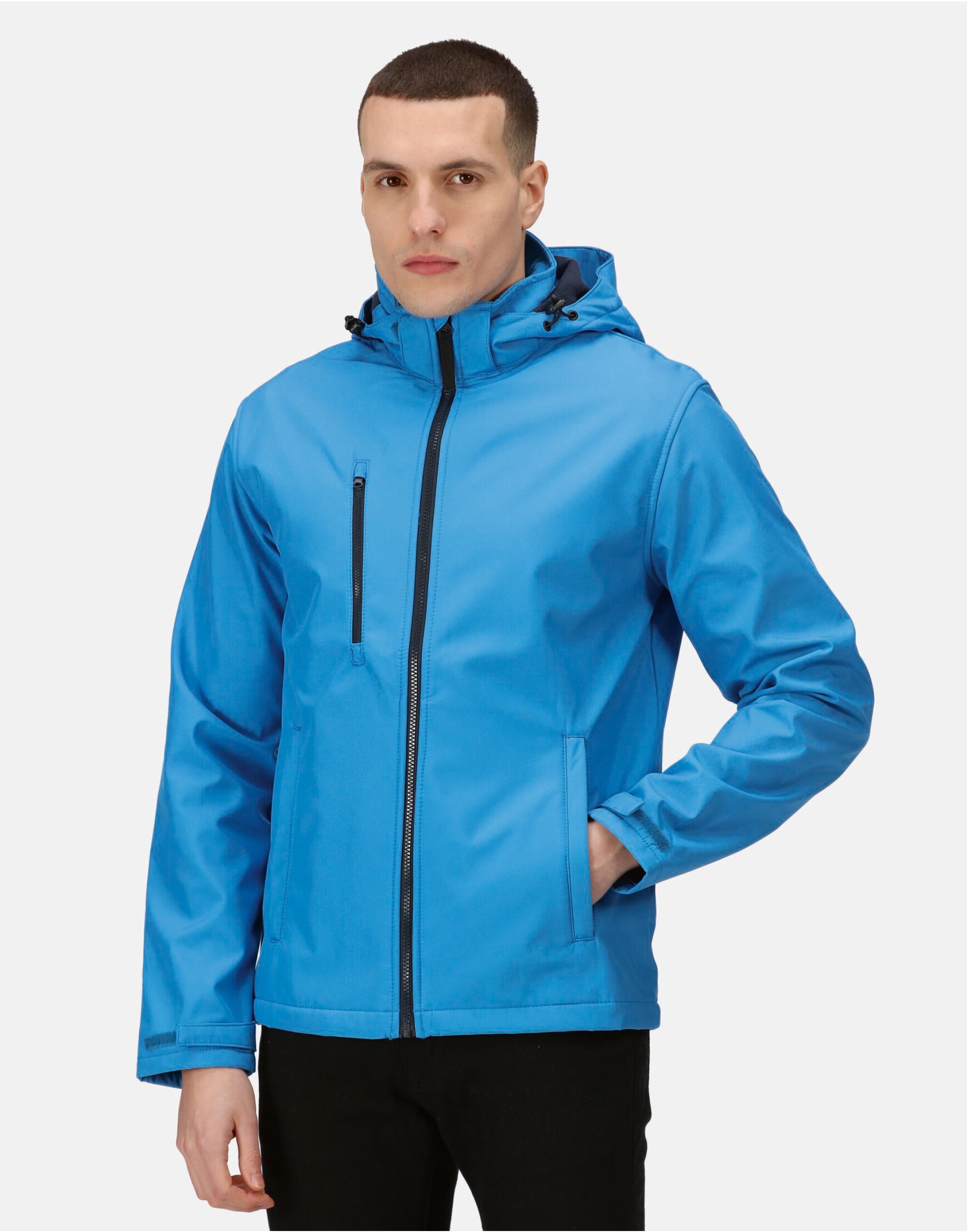 TRA701 French Blue / Navy Venturer 3 Layer Hooded Softshell