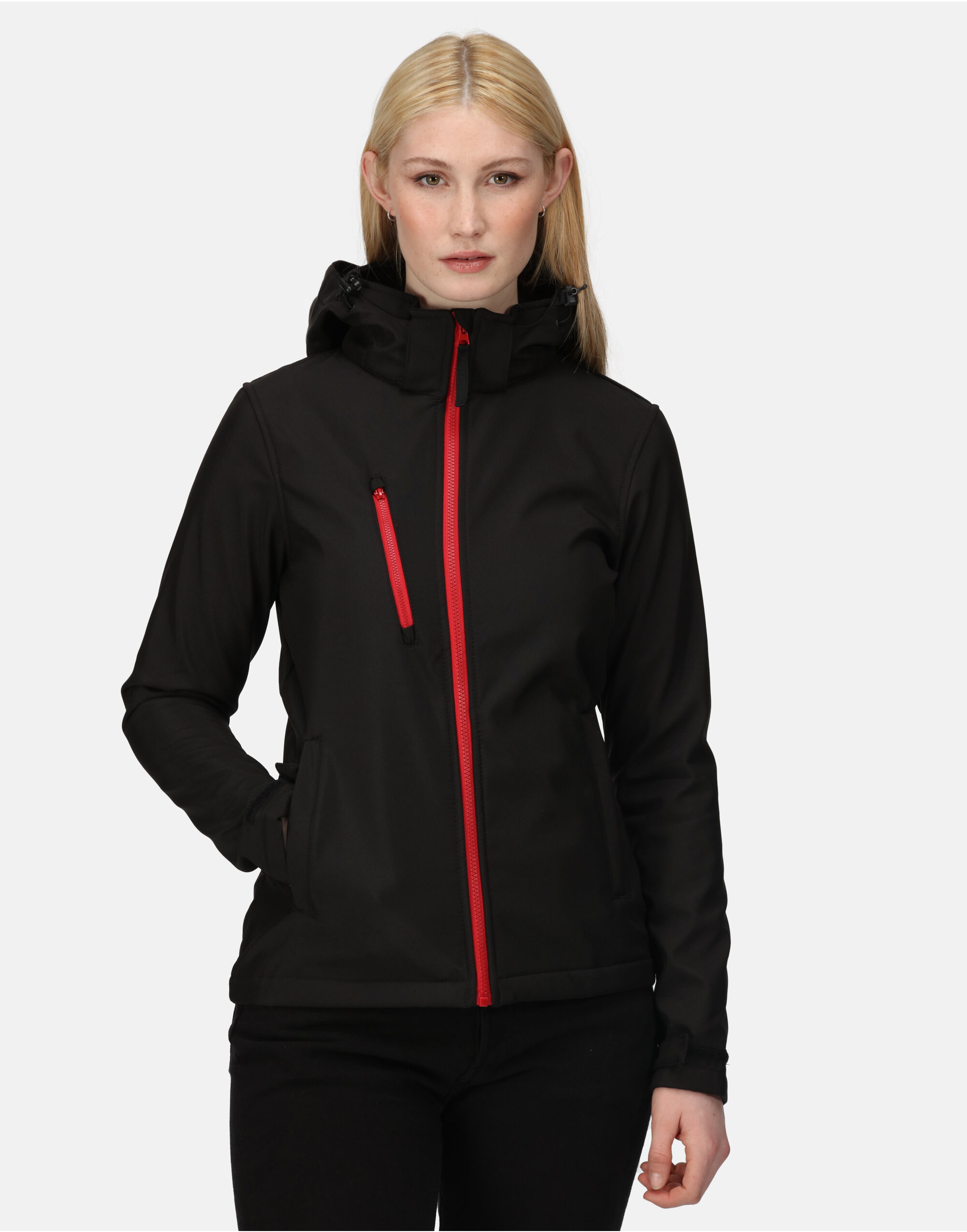 TRA702 Women’s Venturer Hooded Softshell Black/Red