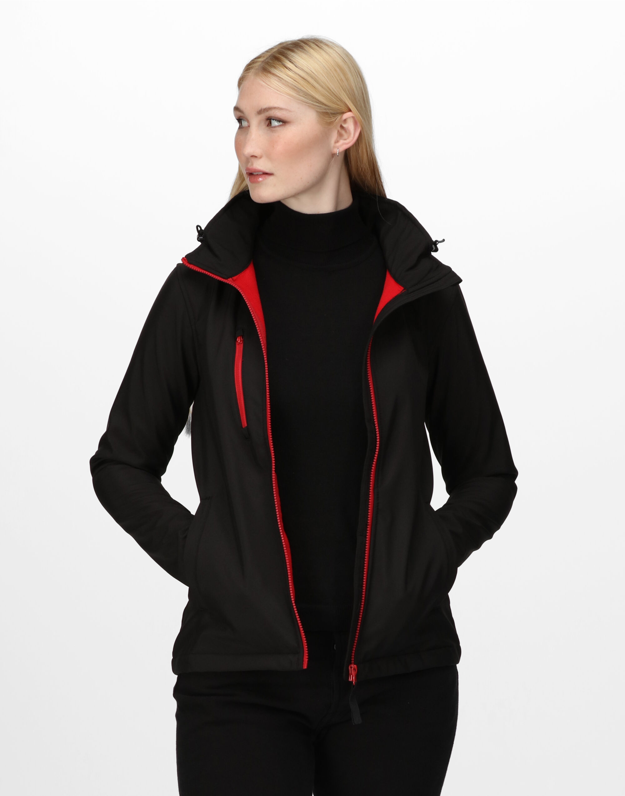 TRA702 Women’s Venturer Hooded Softshell Black/Red