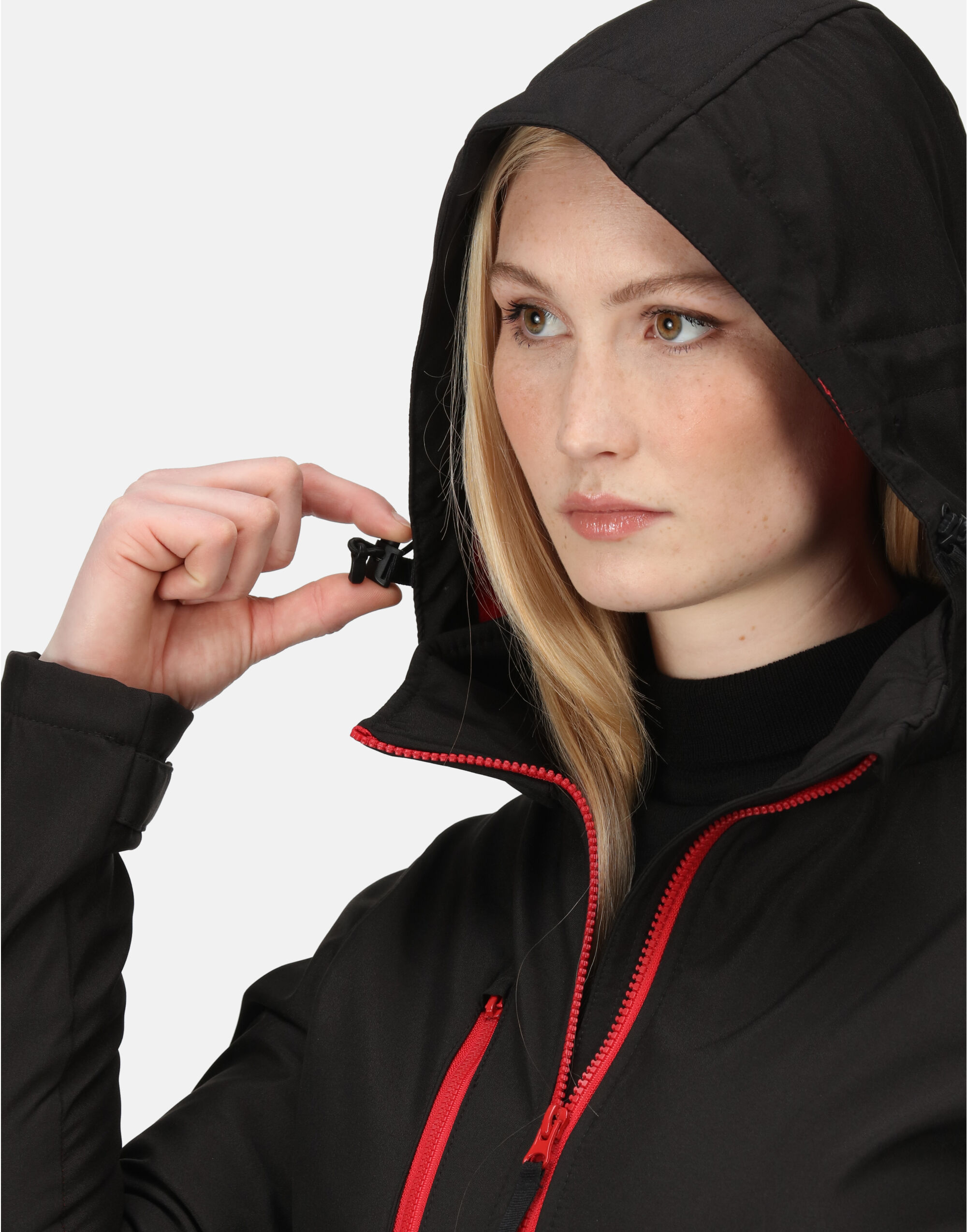 TRA702 Women’s Venturer Hooded Softshell Black/Red
