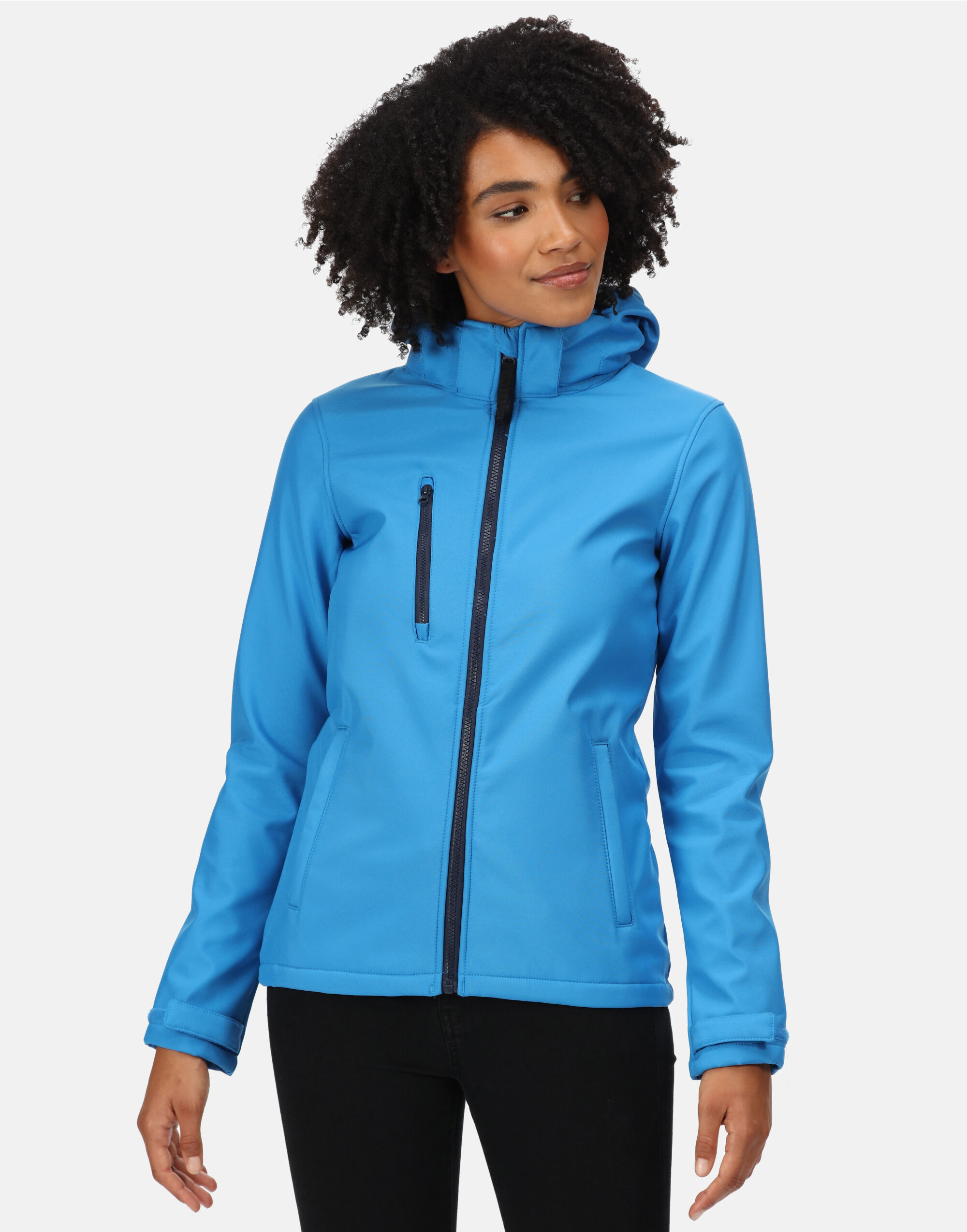 TRA702 French Blue / Navy Women’s Venturer Hooded Softshell