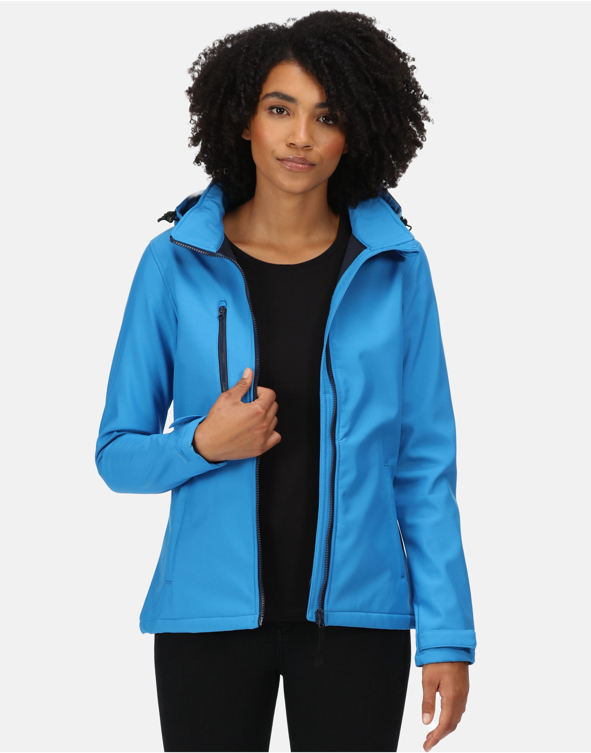 TRA702 French Blue / Navy Women’s Venturer Hooded Softshell