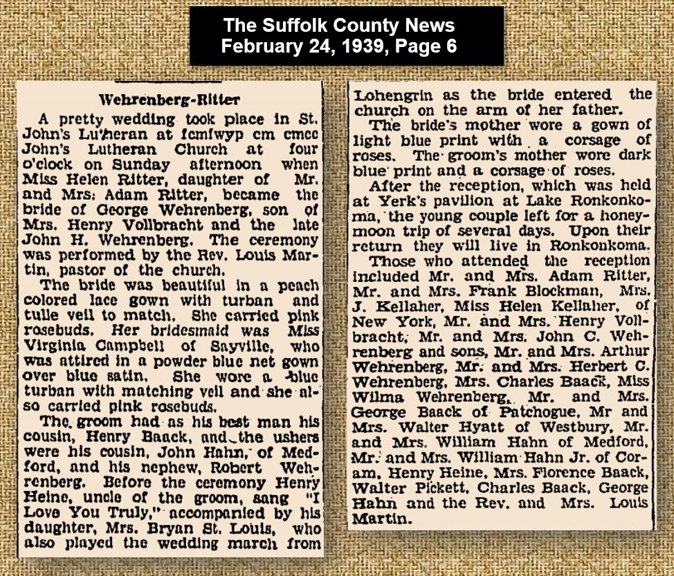 Sayville History Splash; the 1939 wedding of Helen (Ritter) Wehrenberg, Class of 1938. Sayville History Splash; the 1939 wedding of Helen (Ritter) Wehrenberg, Class of 1938.