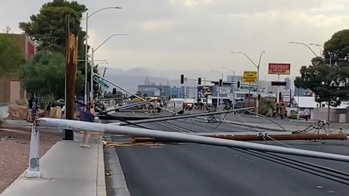 Highly effective windstorm topples dozens of energy poles throughout Las Vegas Highly effective windstorm topples dozens of energy poles throughout Las Vegas