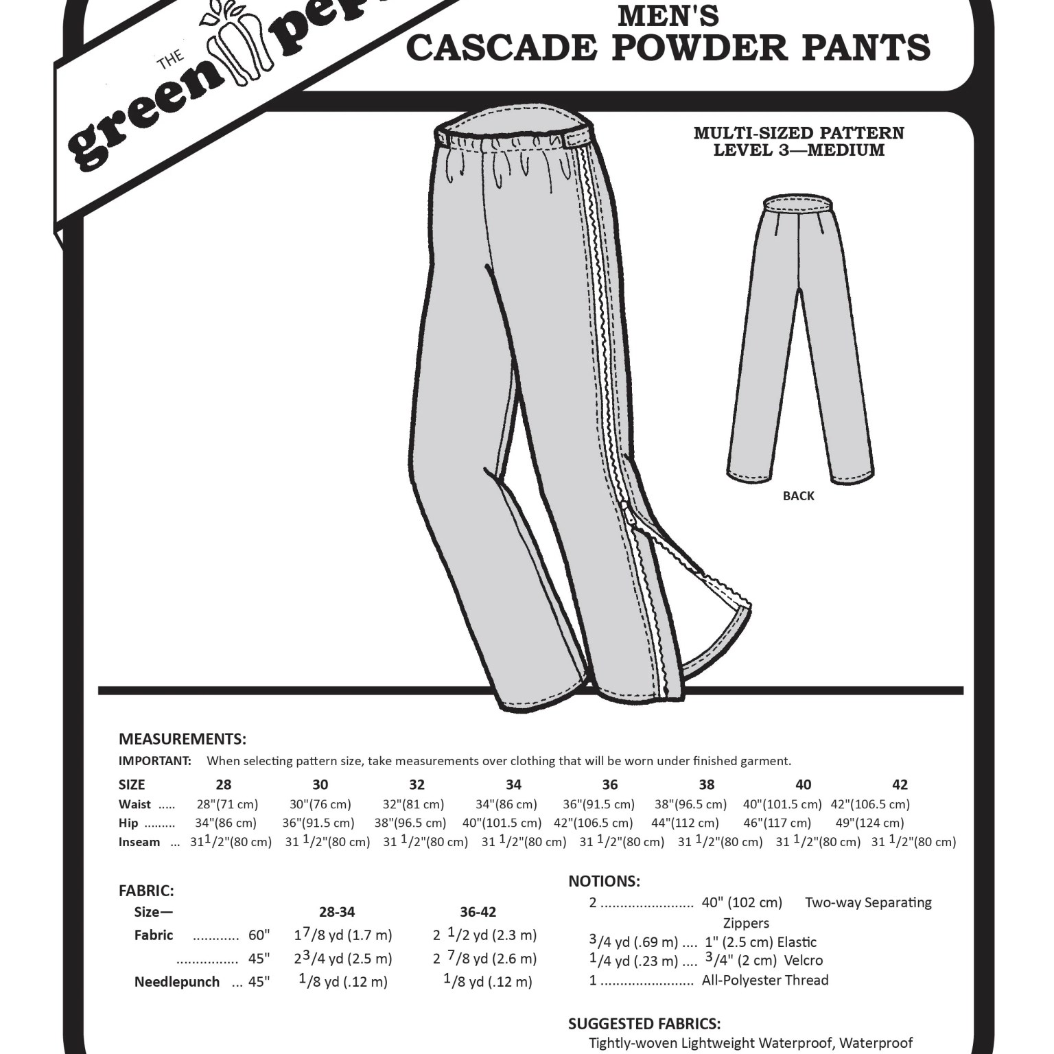 148 – Men's Cascade Powder Pants Pattern