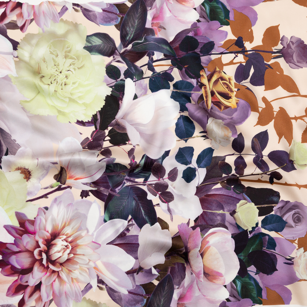 Mood Exclusive Italian Brown, Evening Rose and Mint Floral Border Digitally Printed Silk Charmeuse Mood Exclusive Italian Brown, Evening Rose and Mint Floral Border Digitally Printed Silk Charmeuse