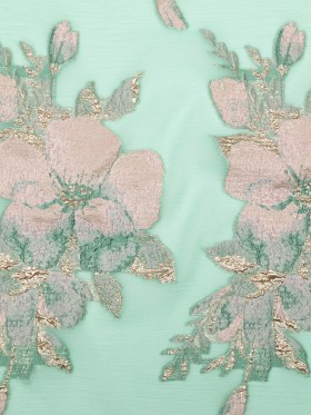 Metallic Bright Gold, Green Spruce, Adobe Rose and Lily Pad Floral Luxury Organza Brocade Metallic Bright Gold, Green Spruce, Adobe Rose and Lily Pad Floral Luxury Organza Brocade
